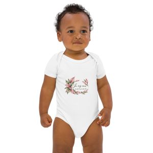 In My Own Season organic baby bodysuit in white with a rose and sage botanical wreath, front view