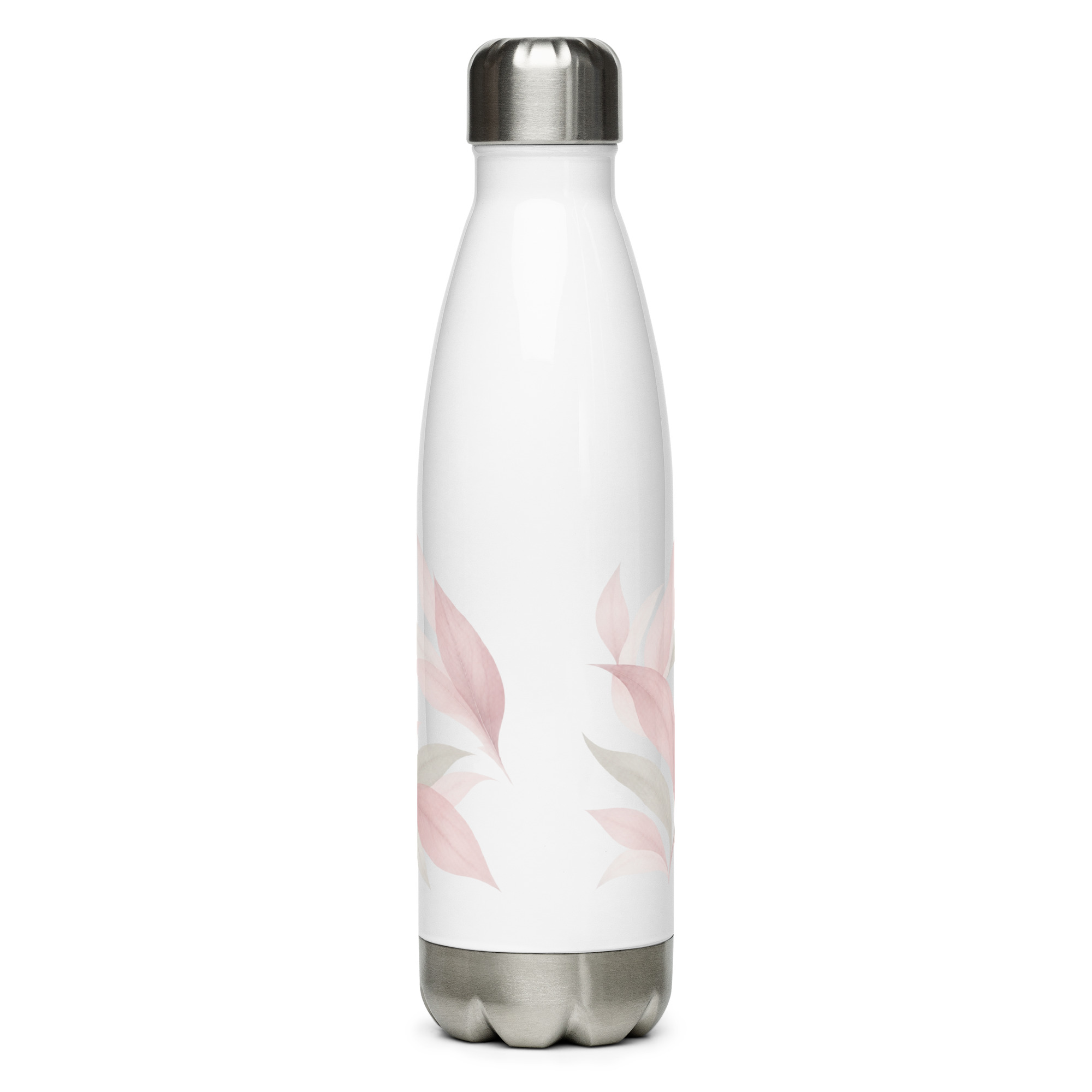 In My Own Season 17 oz stainless steel water bottle with a rose and sage leaf wrap, back view