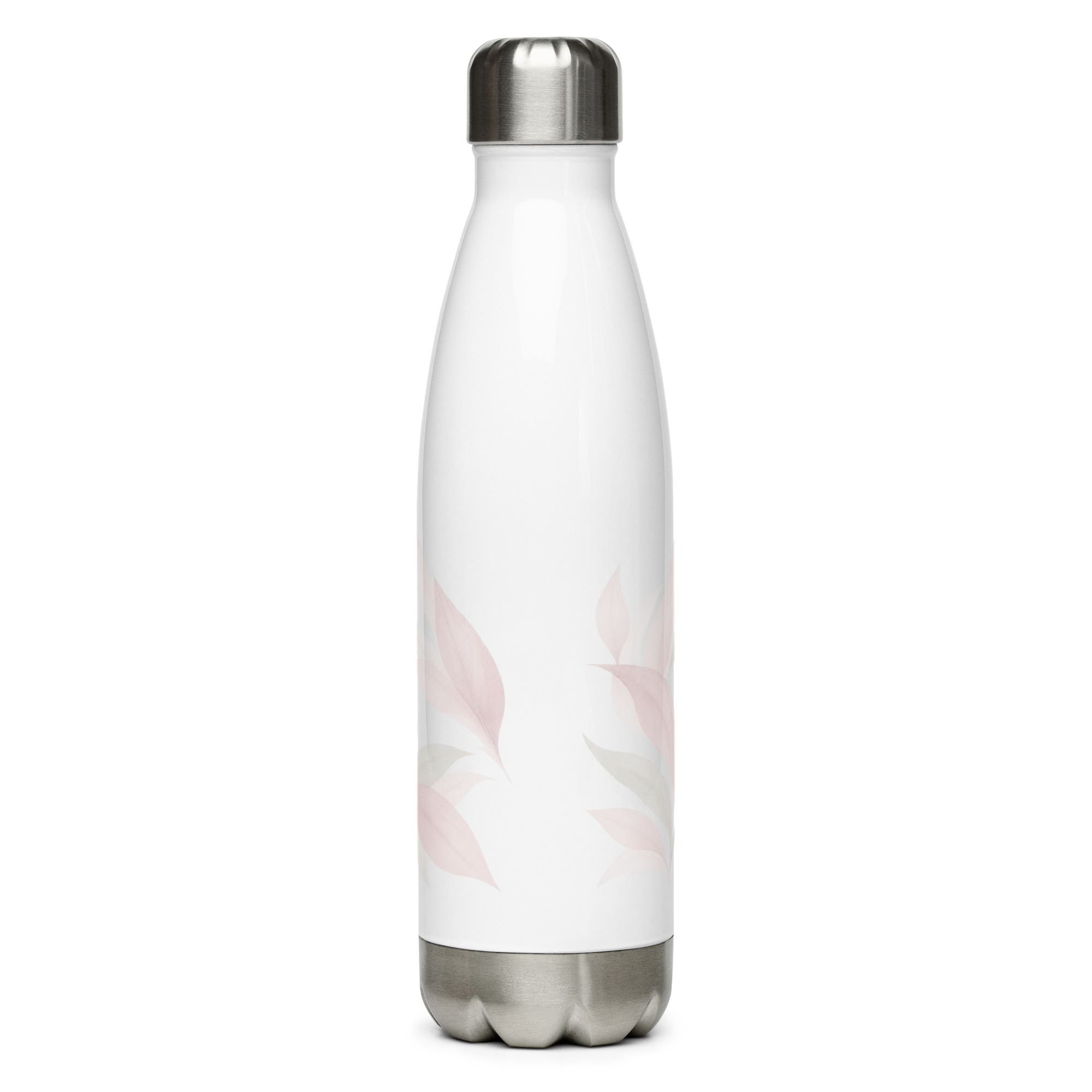 In My Own Season 17 oz stainless steel water bottle with a rose and sage leaf wrap, back view