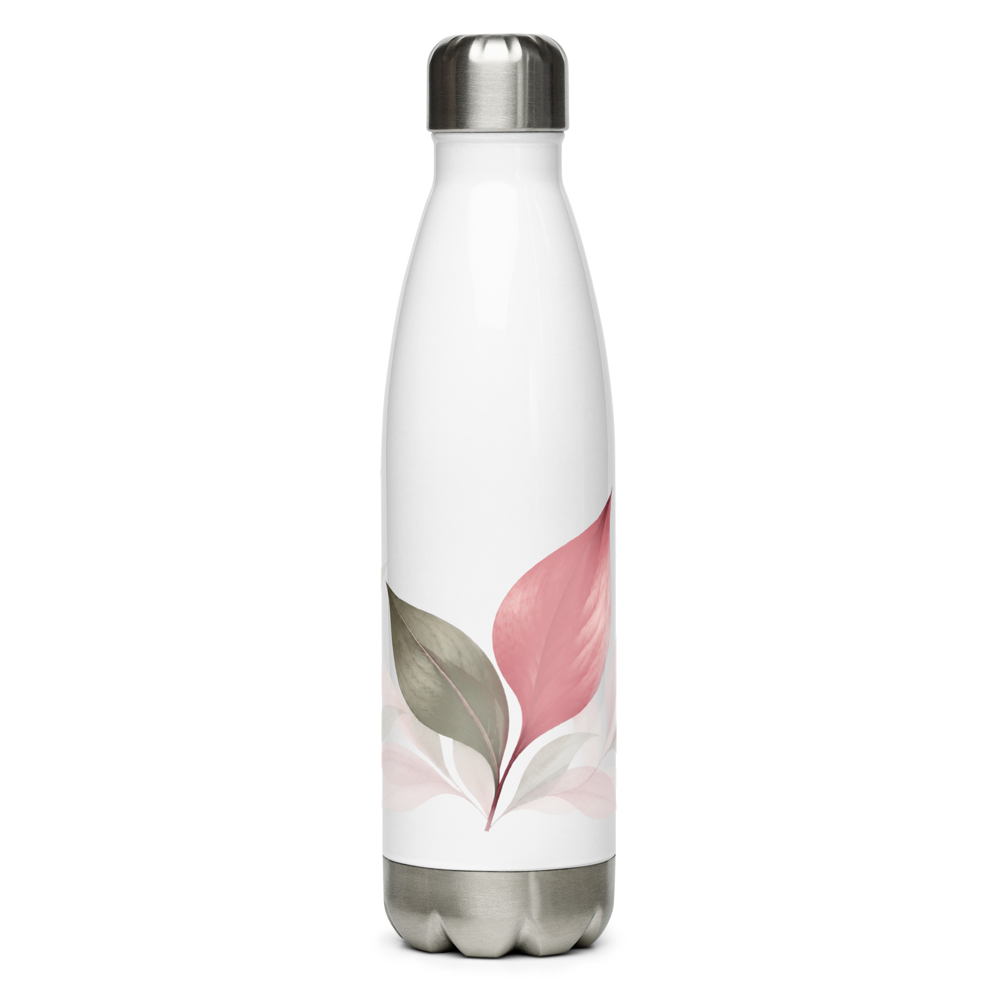 In My Own Season 17 oz stainless steel water bottle with a rose and sage leaf wrap, front view