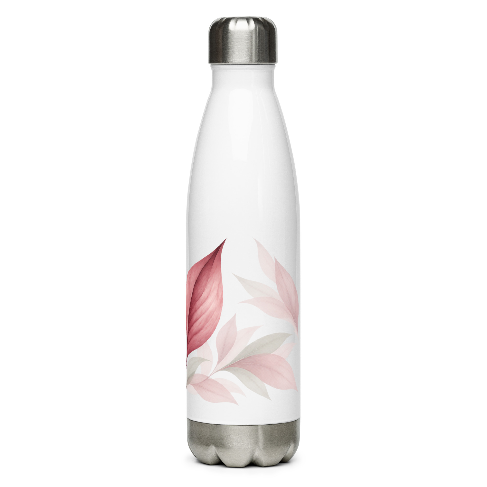 In My Own Season 17 oz stainless steel water bottle with a rose and sage leaf wrap, left side view
