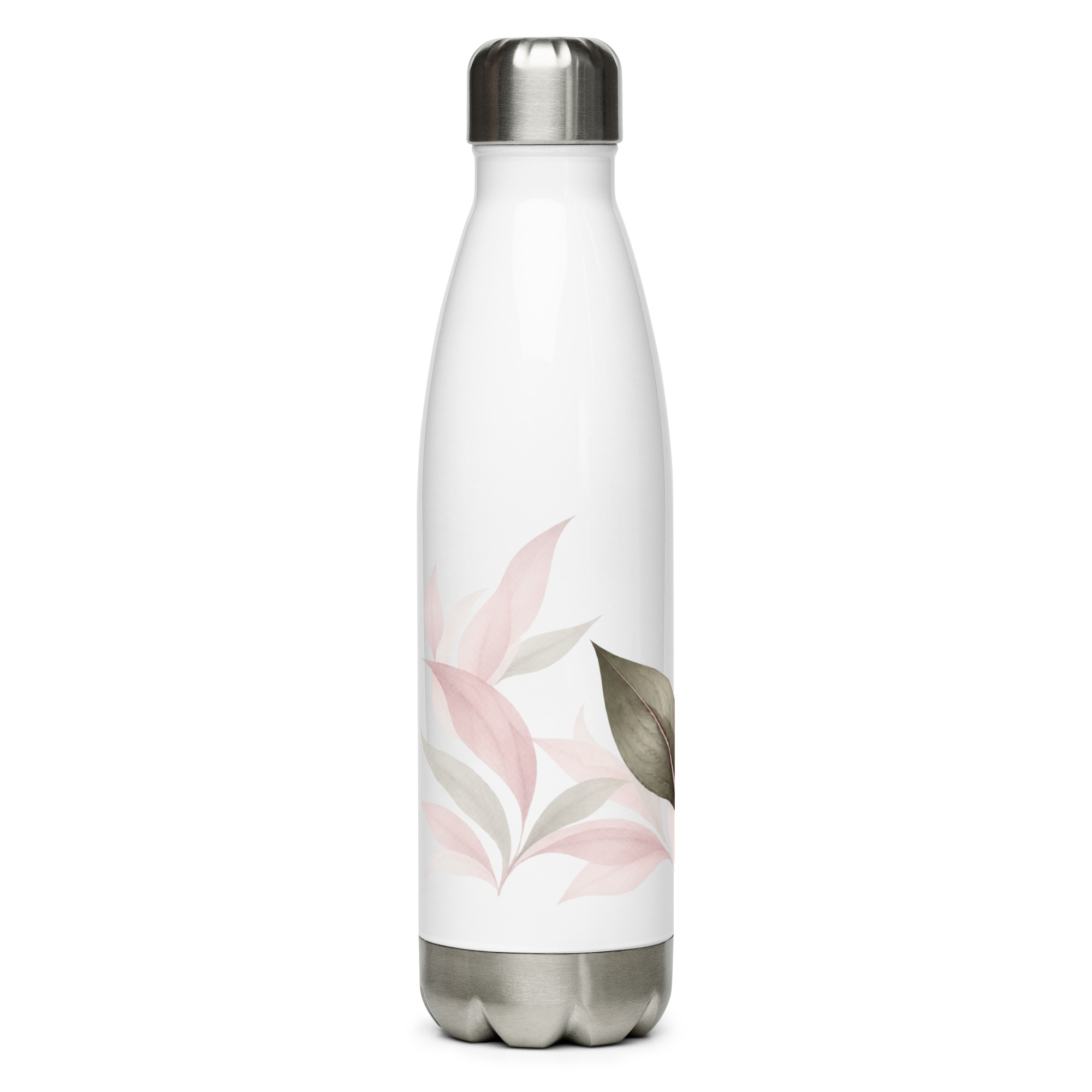 In My Own Season 17 oz stainless steel water bottle with a rose and sage leaf wrap, right side view