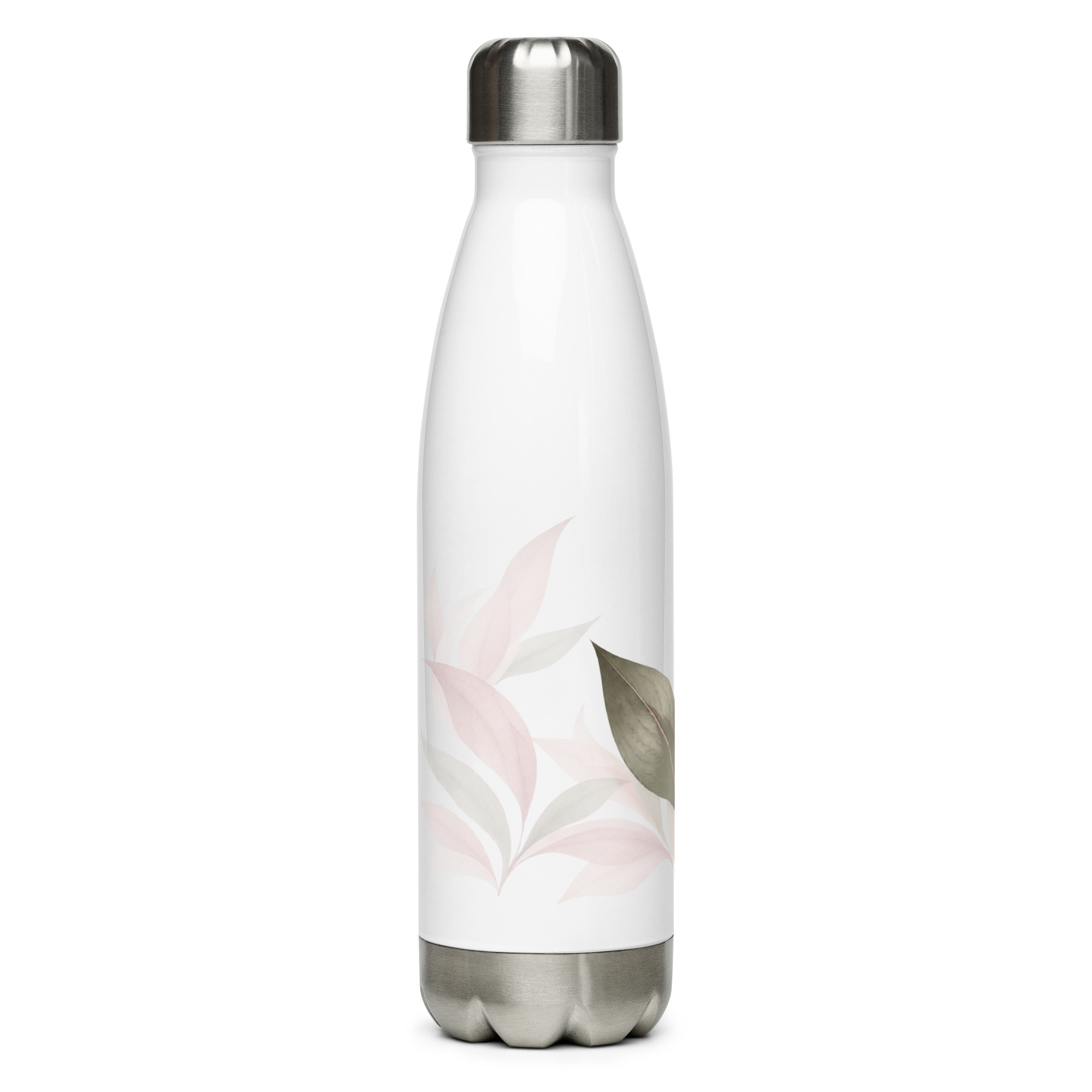 In My Own Season 17 oz stainless steel water bottle with a rose and sage leaf wrap, right side view