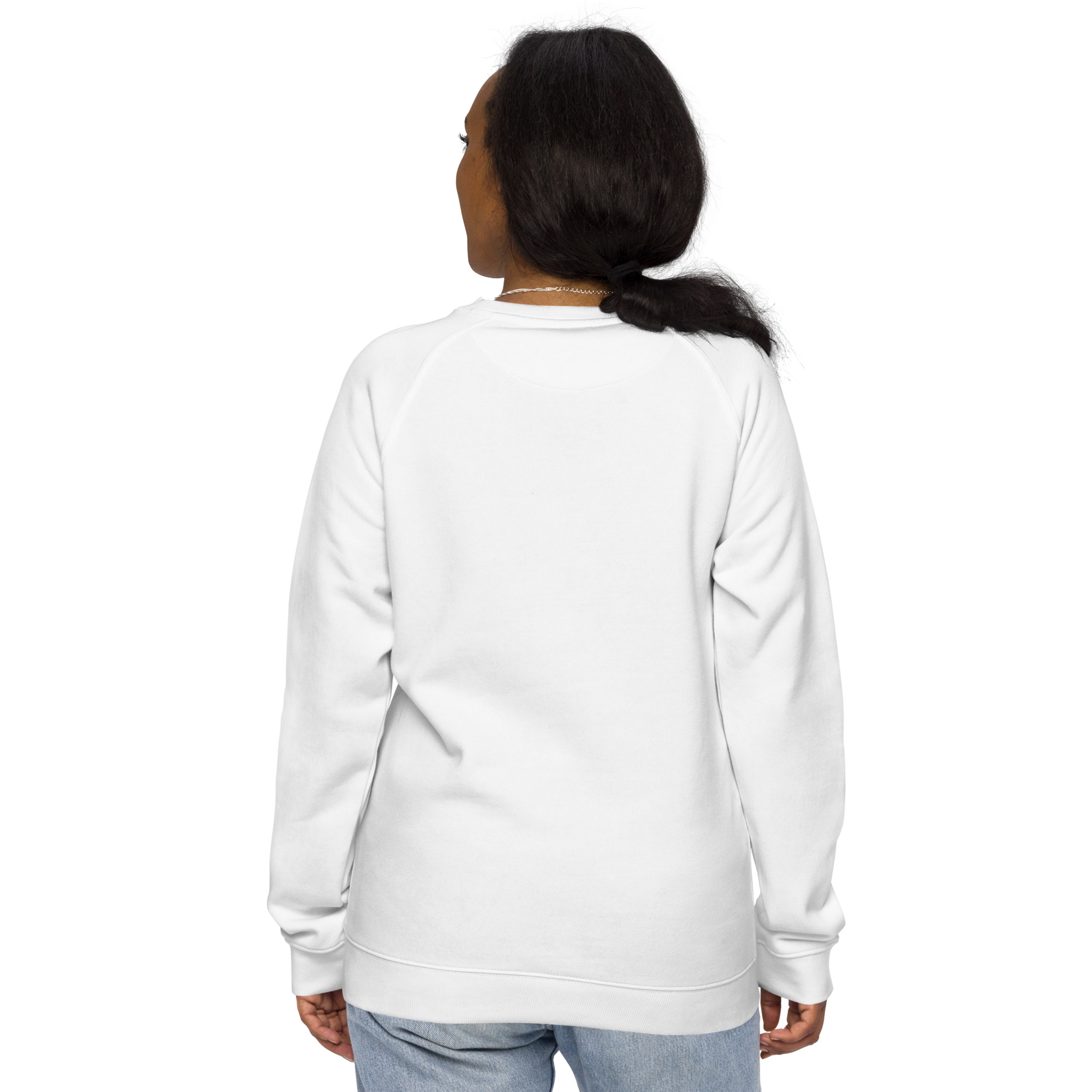In My Own Season organic raglan sweatshirt in white with a rose and sage botanical wreath, back view