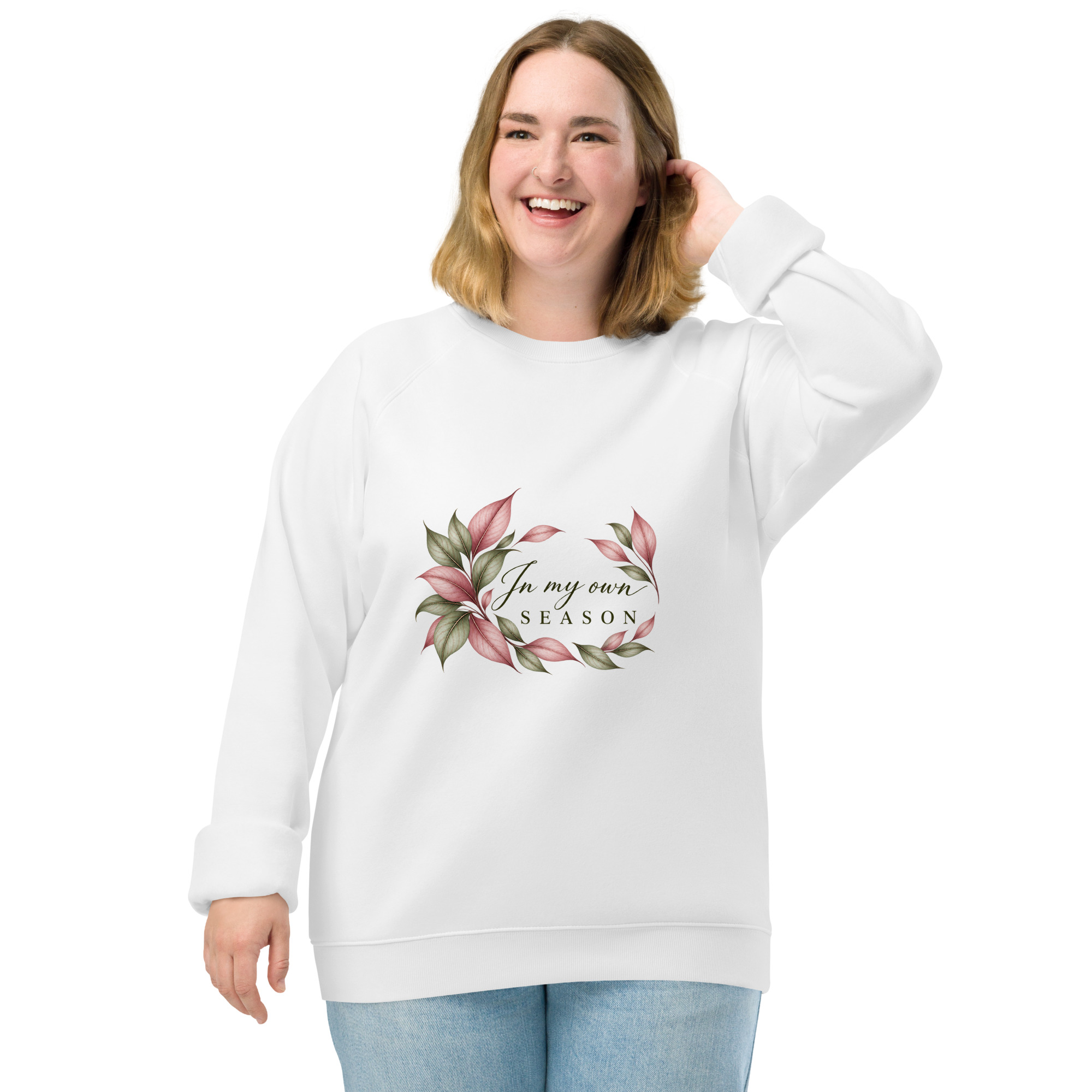 In My Own Season organic raglan sweatshirt in white with a rose and sage botanical wreath, front view