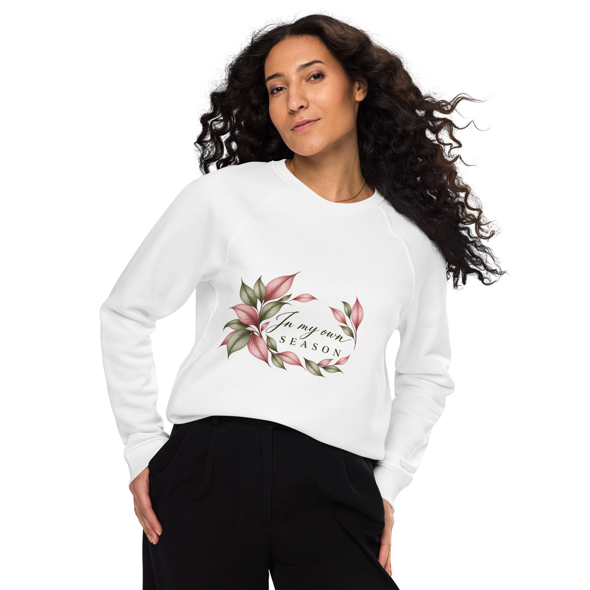 In My Own Season organic raglan sweatshirt in white with a rose and sage botanical wreath, front view