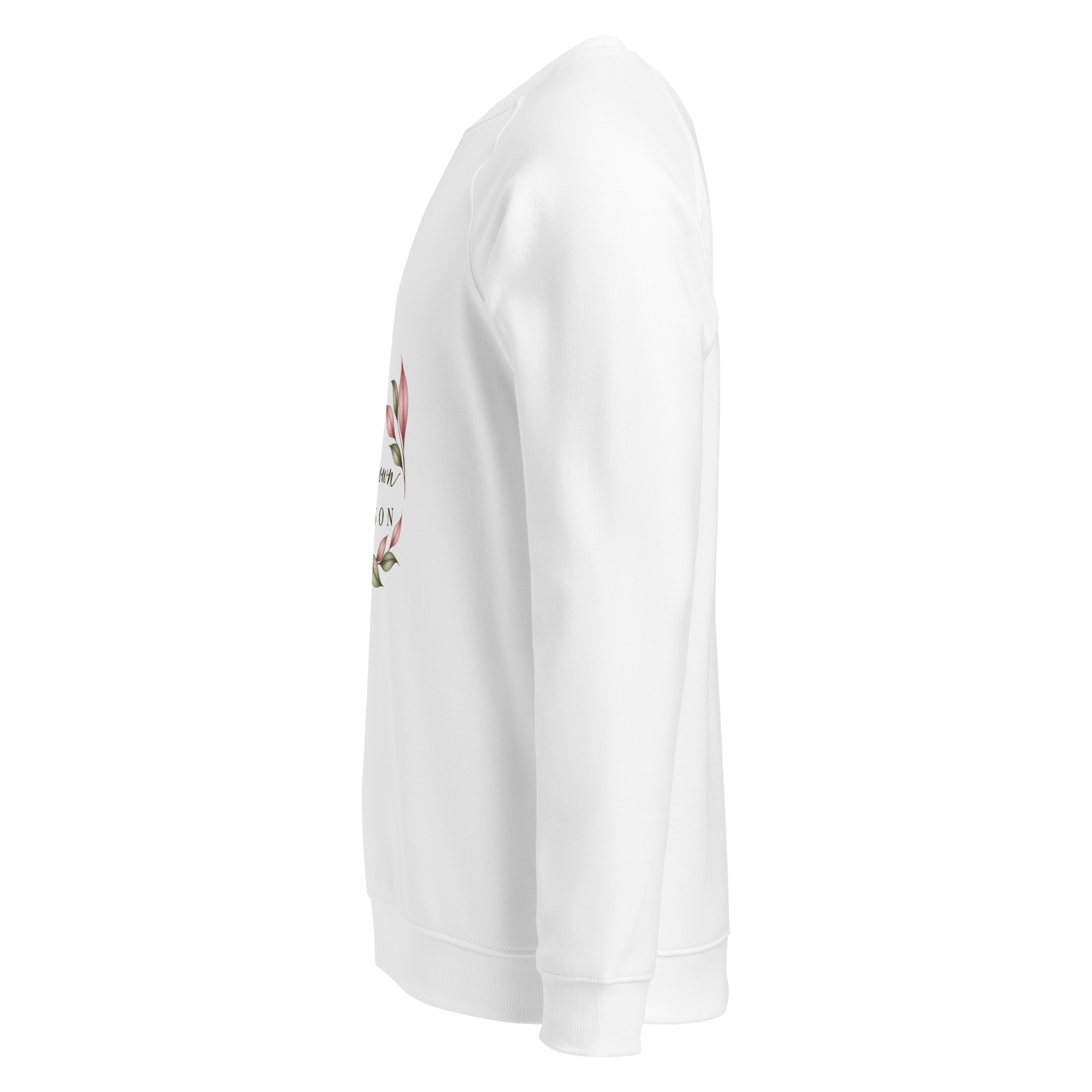 In My Own Season organic raglan sweatshirt in white with a rose and sage botanical wreath, left side view
