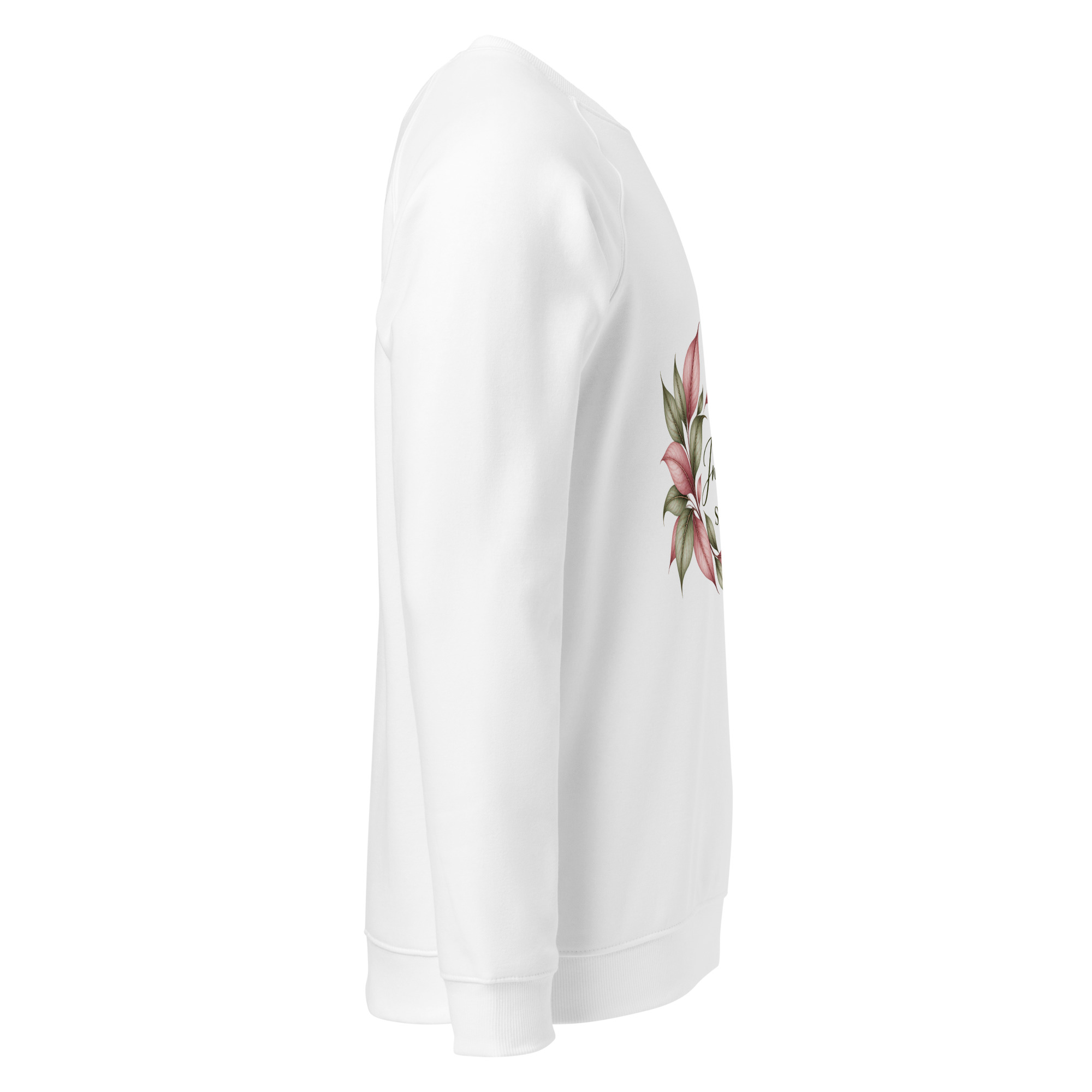 In My Own Season organic raglan sweatshirt in white with a rose and sage botanical wreath, right side view