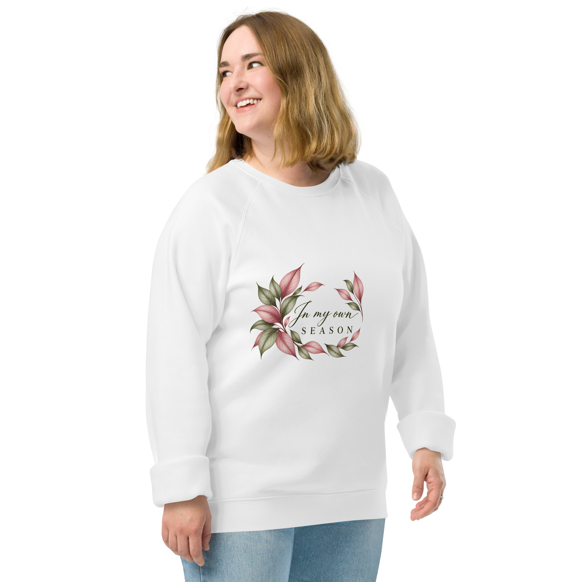 In My Own Season organic raglan sweatshirt in white with a rose and sage botanical wreath, right side view