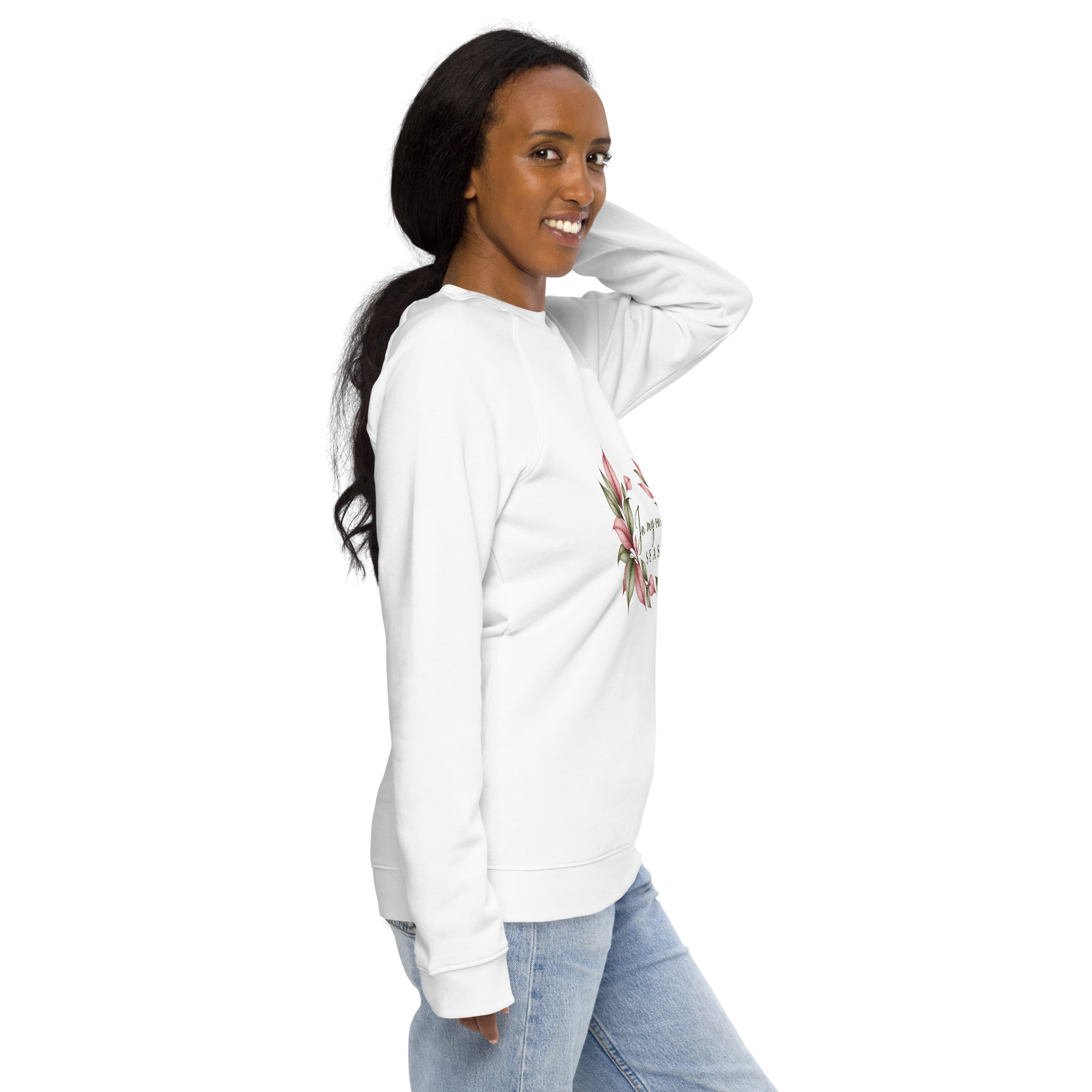 In My Own Season organic raglan sweatshirt in white with a rose and sage botanical wreath, right side view