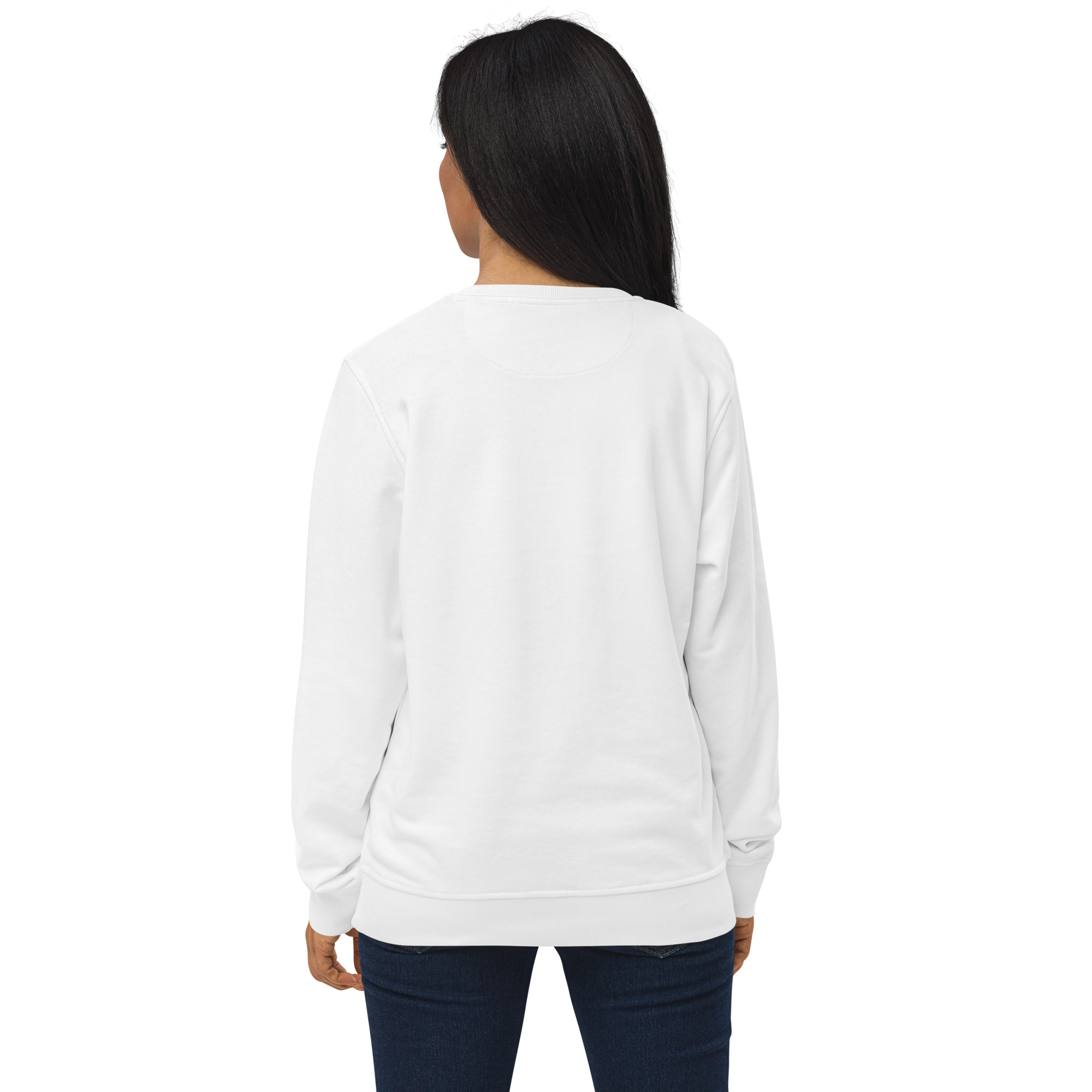 In My Own Season organic crewneck sweatshirt in white with a rose and sage botanical wreath, back view