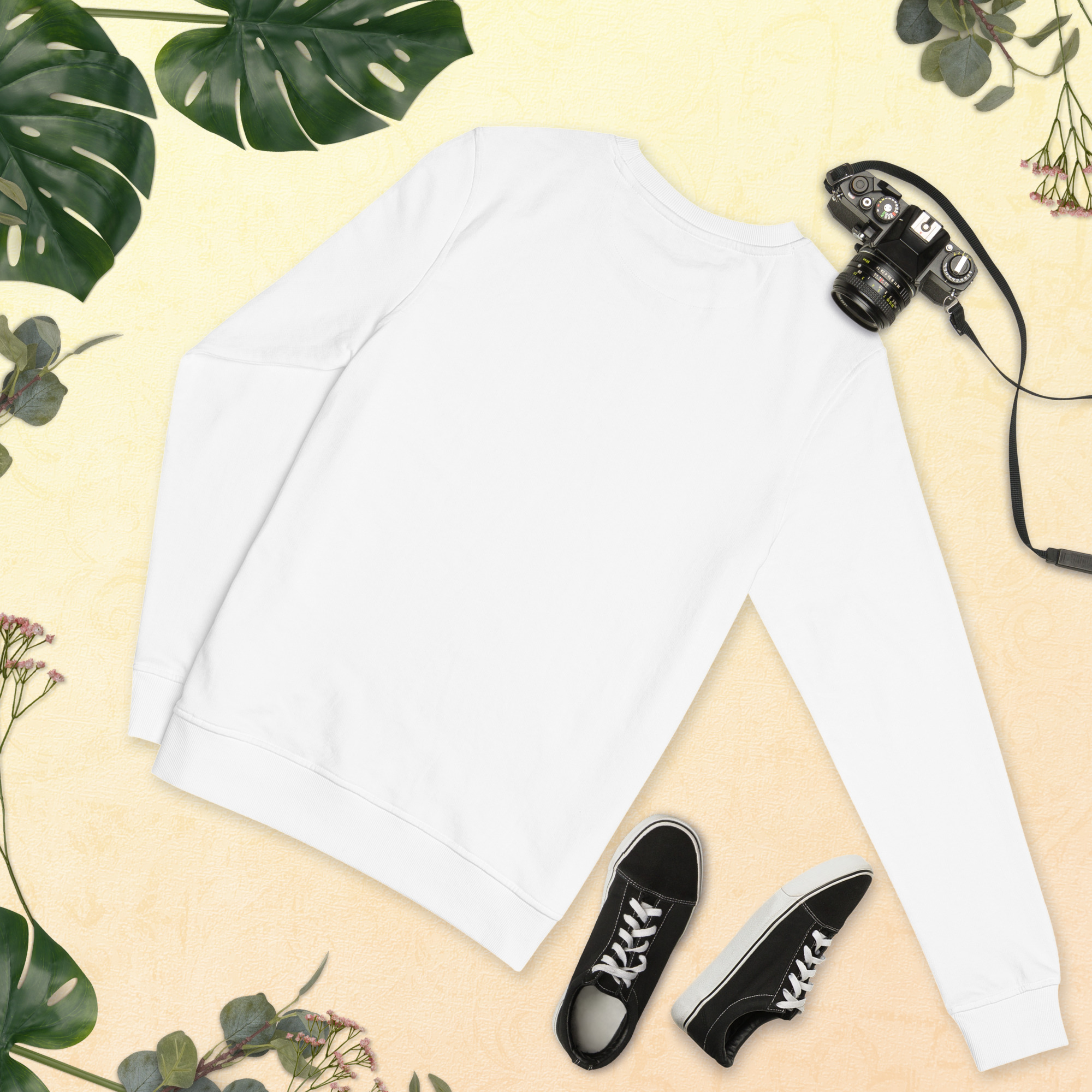 In My Own Season organic crewneck sweatshirt in white with a rose and sage botanical wreath, back view