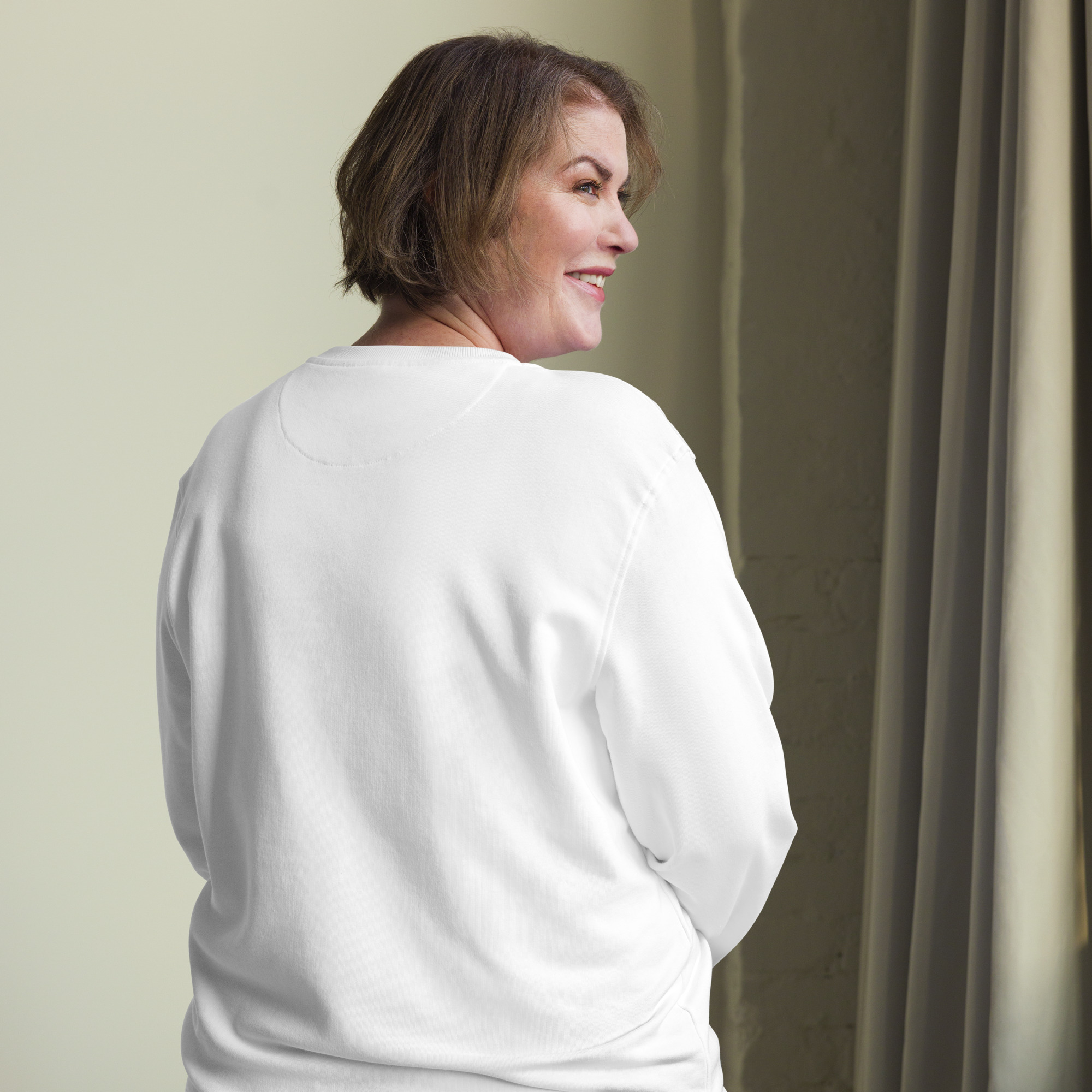 In My Own Season organic crewneck sweatshirt in white with a rose and sage botanical wreath, back view