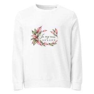 In My Own Season organic crewneck sweatshirt in white with a rose and sage botanical wreath, front view