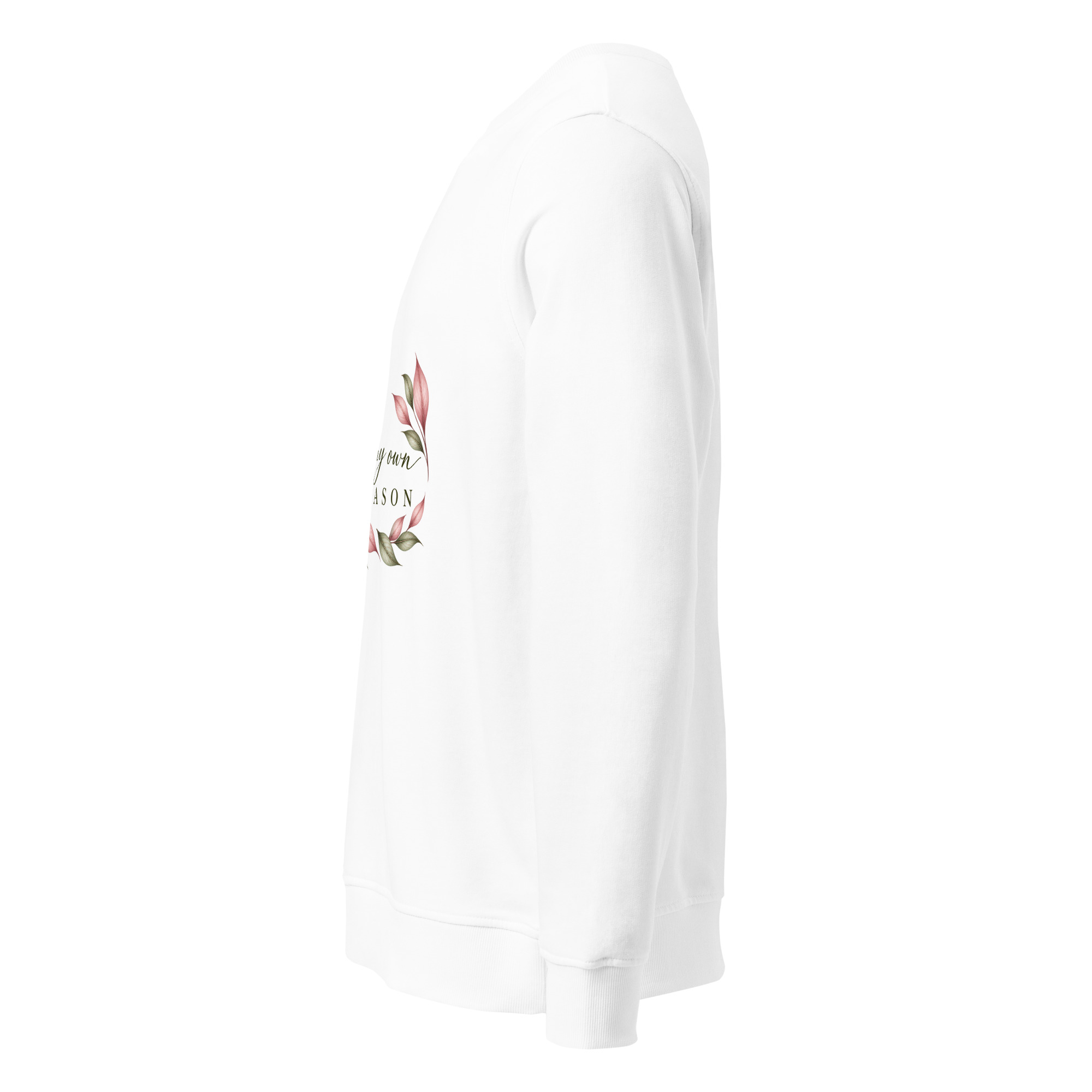 In My Own Season organic crewneck sweatshirt in white with a rose and sage botanical wreath, left side view