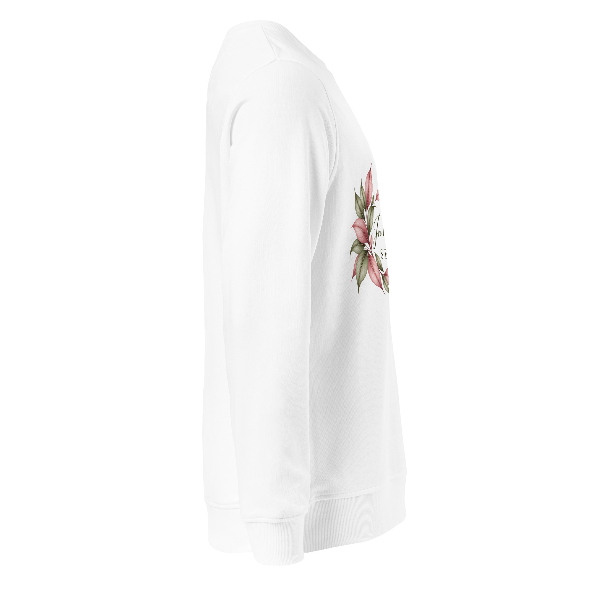 In My Own Season organic crewneck sweatshirt in white with a rose and sage botanical wreath, right side view
