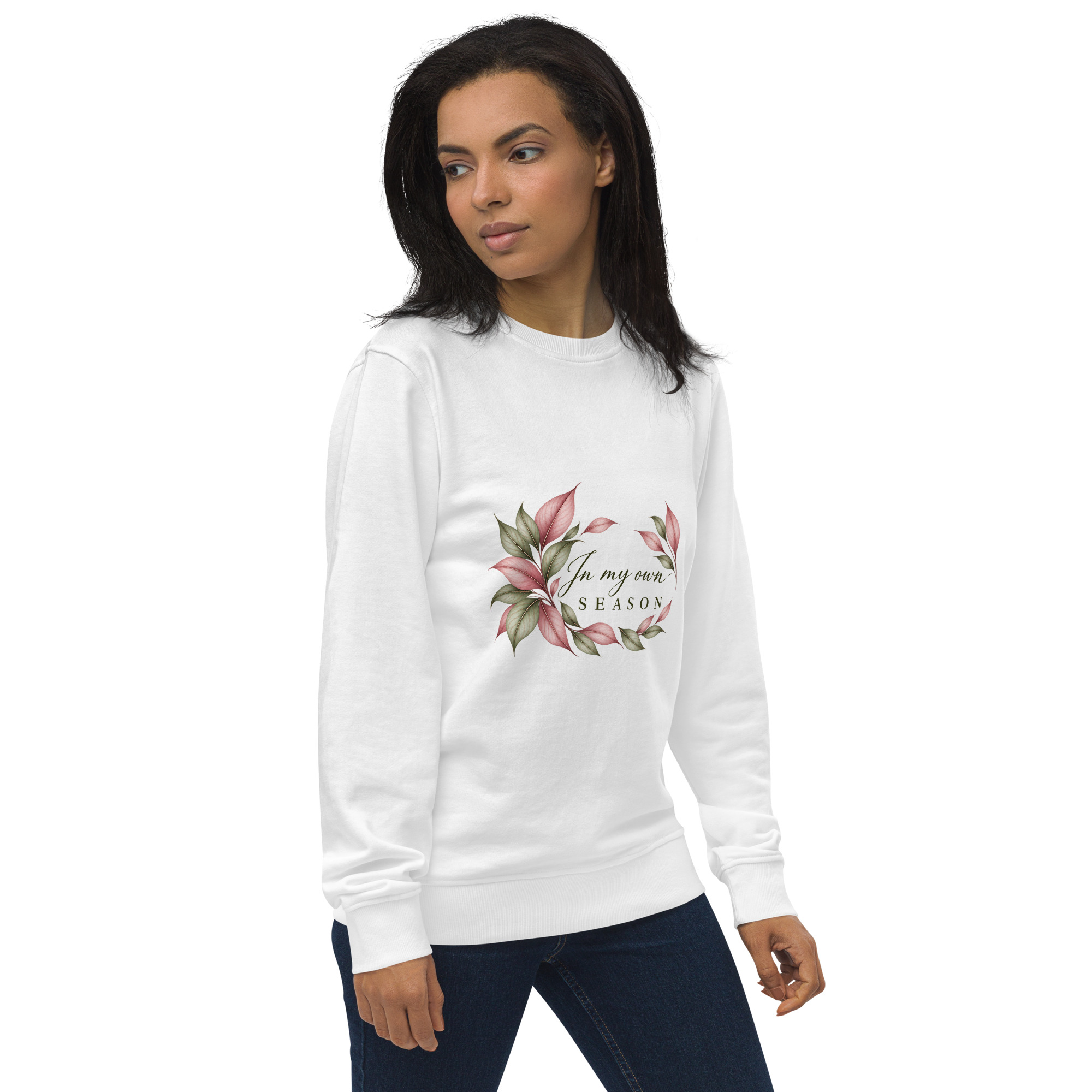 In My Own Season organic crewneck sweatshirt in white with a rose and sage botanical wreath, right side view